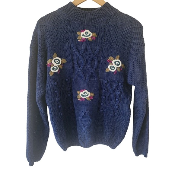 Vintage Marnie West Floral Sweater Pullover Blue Medium Cottagecore Knit Jumper - Picture 7 of 7